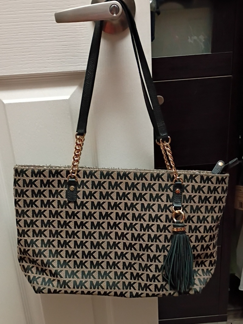 Michael Kors Black Logo Tote with Teal Tassel